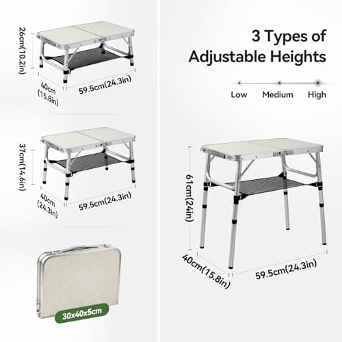 Warmiehomy Folding Camping Table, 3 Adjustable Height, Max 60cm Aluminum Picnic Table with Storage Net & Carry Handle, Portable Grill Table for Camping, Picnic, Backpacking, RV, BBQ, 60X40cm, White — view 2