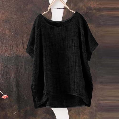 Women's Linen Blouse Summer Muslin Short Sleeve Shirt Crew Neck Basic Tops Elegant Cotton Linen Tops Plain Summer Vacation Beach Travel Blouse Light and Airy Sport Yoga Blouses & Tunics for Women — view 3