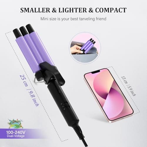janelove Upgraded Mini Hair Waver for Short & Medium Hair, 13MM Curling Wand, 0.45lb Lightweight, Mini Size Crimper Beach Waver, Travel Friendly,Adjustable Temperature-Purple — view 2