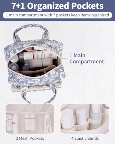 Narwey Full Size Toiletry Bag Large Wash Bag Makeup Bag Travel Organizer Cosmetic Bag for Women (Blue Leaf) — view 3
