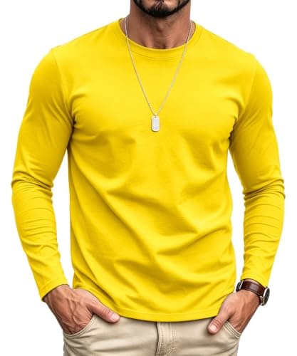 SMENG Men's Warm Winter Long Sleeve Base Layer, 100% Cotton Heavyweight Top, Cozy Insulating Undershirt for Autumn Yellow XXL