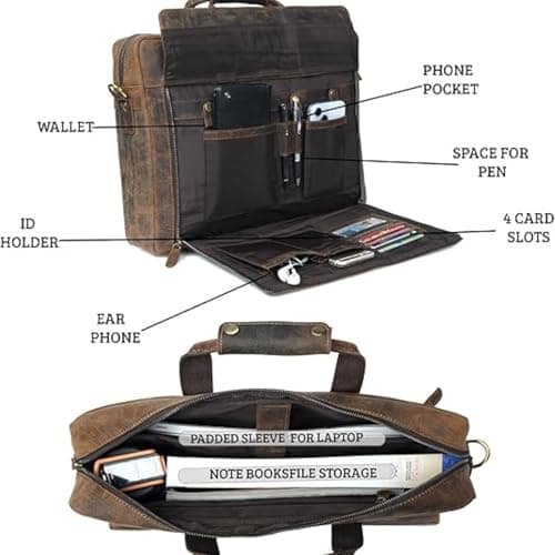 HULSH Genuine Leather Briefcase for Men 17 Inches Computer Bag | Business and Office Messenger Satchel Work Briefcase, Dark Brown — view 4