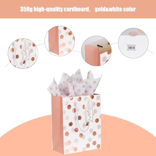 12 Pack 9" Gift Bags Medium Size with Tissue Paper, 4 Design Rose Gold Paper Gift Bags with Handles for Party Wedding Baby Shower Holiday Presents Small Business — view 5