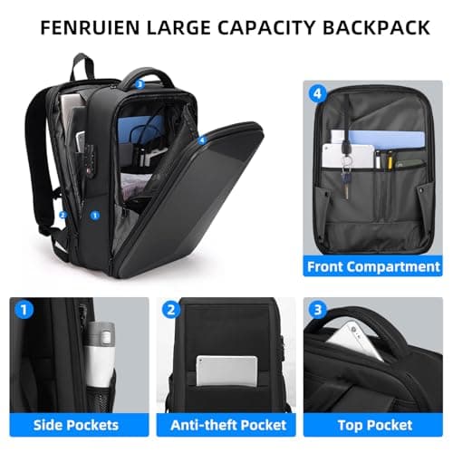 FENRUIEN Anti Theft Laptop Backpack for Men, Expandable Waterproof Hardshell Backpack with USB Port, Black Business Travel Computer Bag 15.6 Inch — view 3