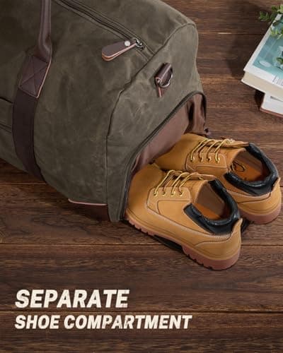 Gonex Waxed Canvas Duffle Bag for Travel, Water-resistant Vintage 55L Duffel Weekender with Shoes Compartment & Luggage Tag, Heavy-duty Overnight Bag with Suitcase Handle Sleeve for Men, Army Green — view 2