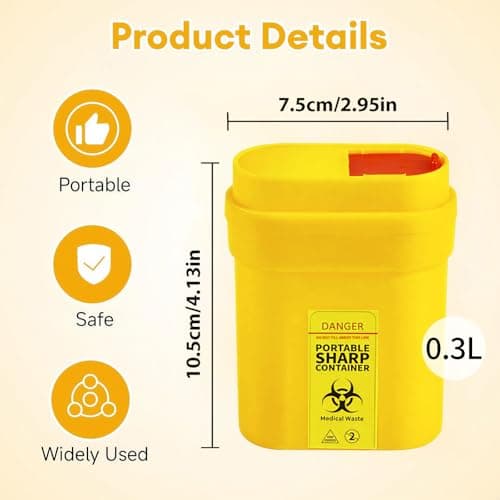6 Pack Travel Sharps Bin Mini Container - Small Sharps Box for Needles, Lancets, Razor Blades - Portable Clinical Waste Bin Ideal For Travel, Work, Home - 6 Yellow Needle Disposal Box Size 0.3L Each — view 2
