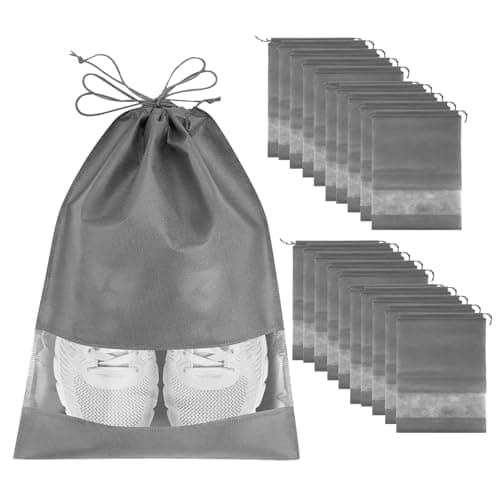 ZONKSTEE 20 Pack Shoe Storage Bags, Black, Non-Woven Fabric, Drawstring Closure, Portable, Waterproof, Dust Proof, Transparent Slot, Multi-Purpose Travel & Home Use