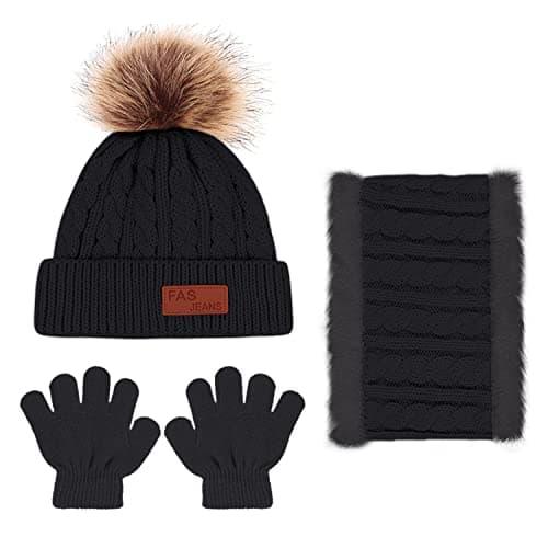 Baynetin 3Pcs Kids Winter Beanie Hat Scarf Gloves Set for 1-5 Years Old Boys Girls. Winter Accessories Sets for Children Outdoor Sports, Knit Thick Warm Fleece Lined Thermal Sets (Black) — view 2