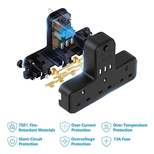 Plug Adaptor UK 3 Way, JSVER Plugs Extension Sockets with 3 USB Slots(5V/2.4A) Wall Socket Extension 13A for Home, Office, Kitchen,Black — view 6