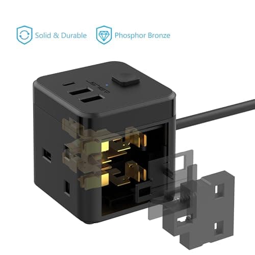 JSVER Cube Extension Lead with 3 USB Ports (5V/2.4A) 3 Outlet Power Strip with Switch Power Socket with 200cm Cable for Home, Office, Hotel, Travel -Black — view 6