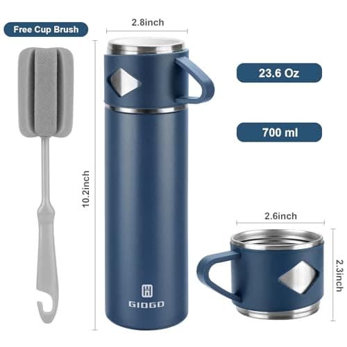 Vacuum Insulated Flask 700ml/23.6oz Stainless Steel Thermo Bottle with Cup for Coffee Water Hot and Cold Drink Flasks.(Blue,Set) — view 2