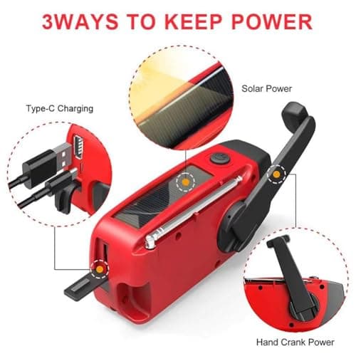Portable Emergency Radio, Wind Up Solar Hand Crank Powered Weather Radio with AM/FM Tuner 2000mAh USB Phone Charger SOS Alarm LED Flashlight for Household Outdoor Camping Hiking (red) — view 6