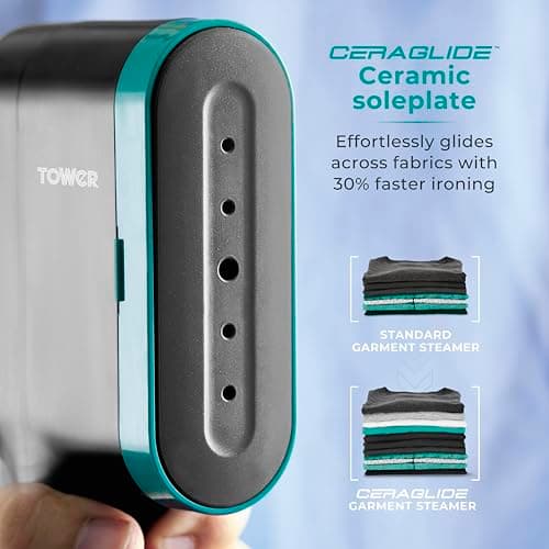 Tower Garment Steamer 1400W, Handheld Clothes Steamer for Fast Crease Removal, Compact Design, 14g/min Continuous Steam, Ceramic Soleplate, 80ml Tank, Teal (T22038TL) — view 4
