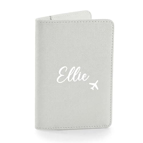 eBuyGB Personalised Passport Holder, Custom Name Passport Cover Travel Wallet, Faux Leather Travel Document Holder, Holiday, Honeymoon & Destination Wedding Gift for Her (Soft Grey)