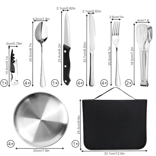 20Pcs Camping Cutlery Set for 4 Person,Portable Tableware Set for Hiking,Silver Food-Grade Stainless Steel,Picnic Utensils Set with Spoons Forks Knife Clip Plate,Case with Zipper Pouch — view 2