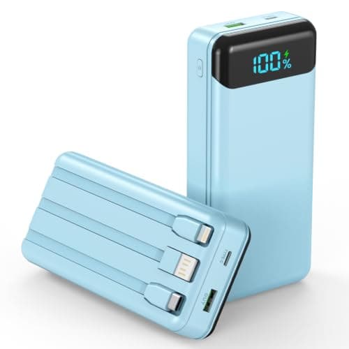 Power Bank 27000mAh,QC4.0 22.5W Fast Charging Portable Charger with Built-in 3 Cables, 4 Outputs & 3 Inputs Powerbank with LED Display for iPhone, Tablets and More Blue