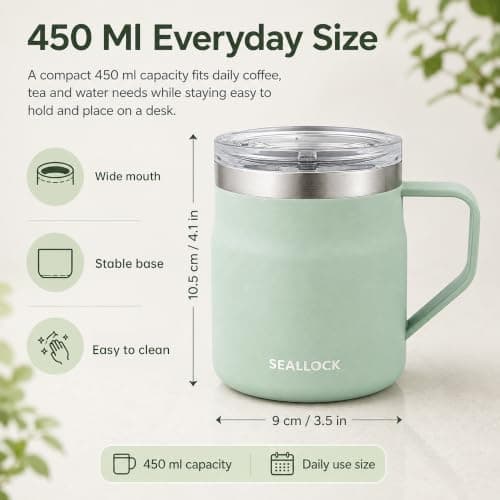 450ml Blue Insulated Stainless Steel Coffee Mug with Lid & HandleGreen) — view 2