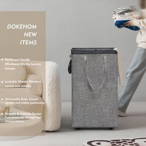 DOKEHOM 90L X-Large Rolling Laundry Basket Hamper on Wheels, Grey — view 2