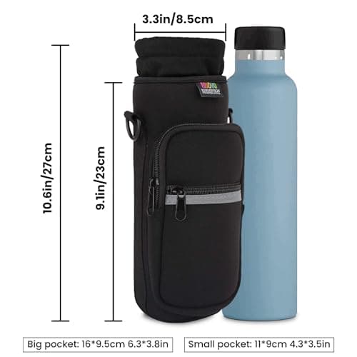 Nuovoware Water Bottle Carrier Bag, 750ml Bottle Pouch Holder, Adjustable Shoulder Hand Strap 2 Pocket Sling Neoprene Sleeve Sports Accessories for Hiking Travelling - Black — view 3