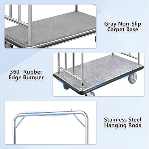 BANGBANGJI 880LBS Hotel Luggage Cart, Brushed Stainless Steel Bellman Trolley, Commercial Grade Hotel Luggage Trolley, with Grey Carpeted Deck and 6-inch Rubber Wheels, for Hotels, Condos, Resorts — view 5
