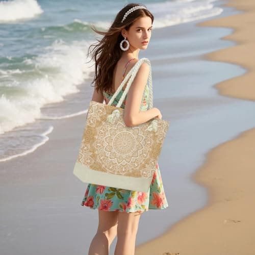 Fokongna Beach Bags Waterproof Sandproof Tote Bag Travel Bags for Women 1267-1297, Gold Mandala, 18"x14.5"x6", Gold Mandala — view 2
