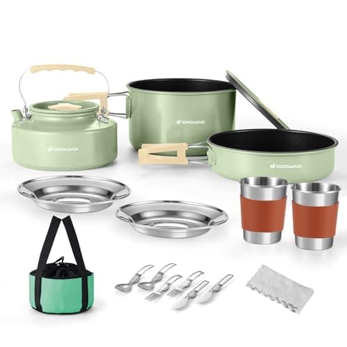 Odoland Camping Cookware Set Non-Stick Pot and Pan Set with Kettle, Stainless Steel Utensils Mess Kit, Cups Plates Knives Spoons Forks for Outdoor Cooking