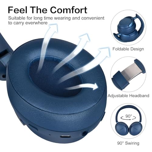 RORSOU B8 Bluetooth Headphones Over Ear, 6 EQ Music Modes and 50H Playtime Deep Bass Wireless Headphones with Mic, Lightweight Folding HiFi Stereo Headset for iPad/Travel/Tablet/PC/Home Blue — view 3
