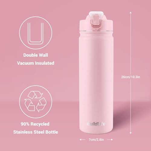 BuildLife 720ML Insulated Water Bottle with Straw,Leak Proof Double Walled Stainless Steel Metal Sports Water Bottles, BPA Free,Dishwasher Safe,Drinking Bottle for Travel,School,Gym (Pink) — view 5