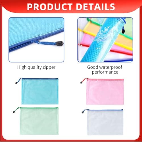 5-Pack A5 Document Wallets with Thickened Grid Zippers, Waterproof PVC Folders for Office, School, and Travel Organization - Assorted Colors — view 3