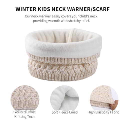 Lancry Winter Hat Scarf And Gloves Set Kids, Warm Thermal Girls Boys Hat Scarf Gloves Set Knitted Beanie Cap Snood Neck Warmer Touchscreen Mitten with Soft Fleece Lining For Kids Age 4-10 (Off-white) — view 3