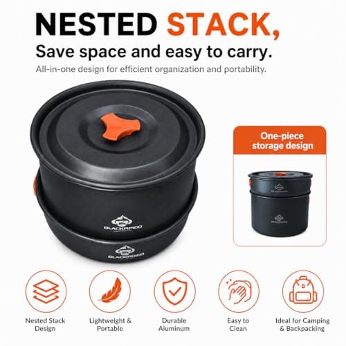 Blackpongo Camping Cookware Mess Kit for Backpacking Gear – Camping Cooking Set - Camping Pots and Pans Set - Camp Kitchen Equipment Accessories Pot (Orange) — view 4