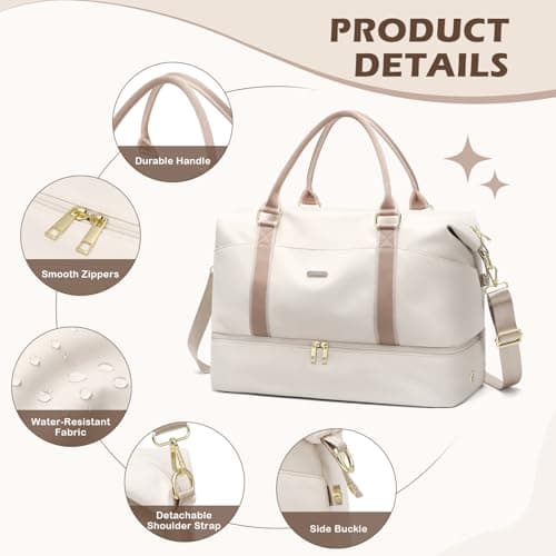 Weekender Bags for Women, Carry On Travel Duffel Bag with Shoe Compartment & Toiletry Bag, 46L Overnight Bag Gym Hospital Bags for Labor and Delivery (Cream White) — view 4