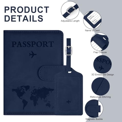 OFFCUP Passport Holder Cover, PU Leather Passport Cover and Luggage Tag Set with RFID Blocking Travel Wallet, Universal Travel Wallet Case Organiser for Money, Boarding Passes, Credit Cards Dark Blue — view 3