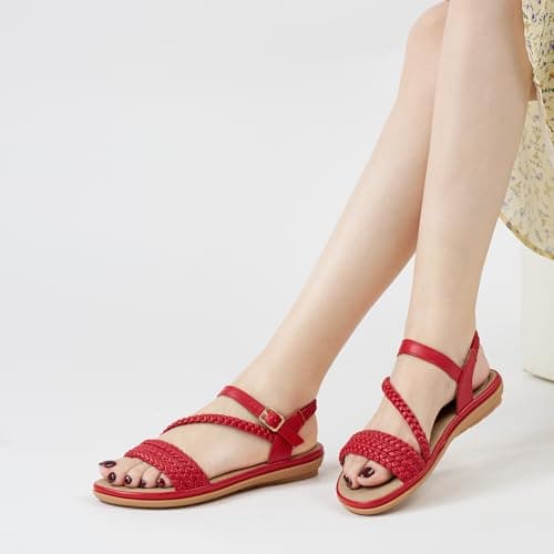 Women’s Dressy Flat Sandals, Strappy Open Toe Low Flat Sole Summer Shoes - Casual Walking Sandals for Vacation Wedding Guest Office Evening Travel Beach Resort Daily Outdoor Wear (Red,9.5) — view 2