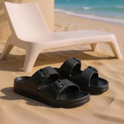 VIVASHOES Women’s Double Buckle EVA Sandals – Lightweight Waterproof Adjustable Slides with Arch Support for Summer, Beach, Pool & Daily Wear – True to Size Good for Wide Fit – Black 3 — view 4