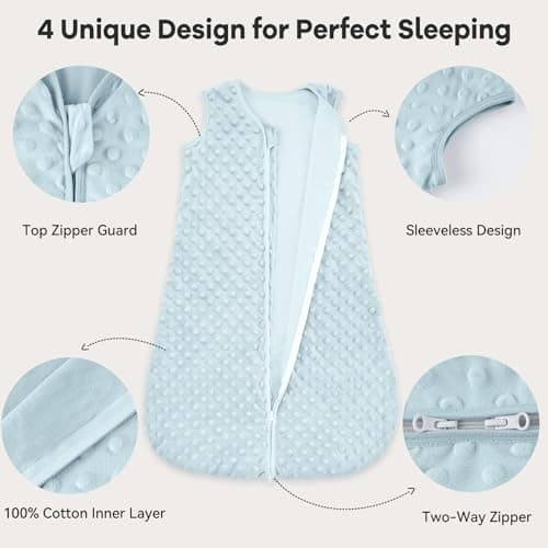 Unnivoll Baby Sleeping Bag 1.5 Tog with Plush Dots Sleep Bag 2 Pack Baby Sleep Sack Wearable Blanket for Newborn Infant 0-6 Months Sky Blue — view 3