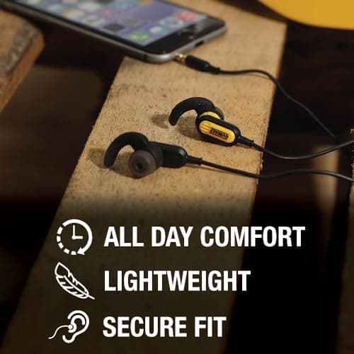 DEWALT Heavy Duty Wired Earphones with Microphone, Jobsite Earbuds Wired 3.5mm, Water-Resistant 3.5mm Earbuds with Mic, Connected Headphones for Outdoor Work — view 5