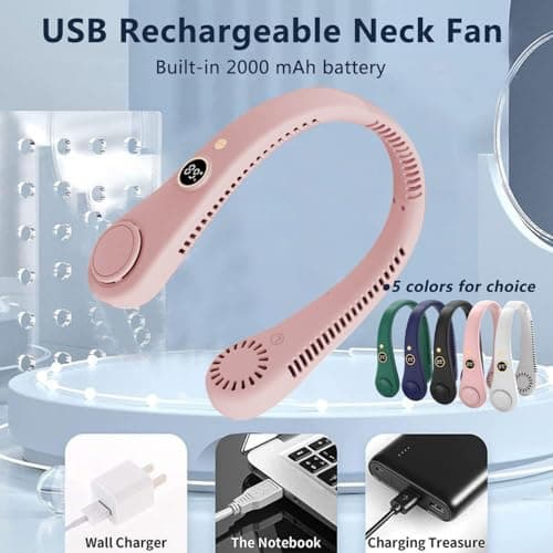 Portable Bladeless Neck Fan, USB Rechargeable Hanging Neck Fans, Digital Monitor Design, 5 Speeds Operated Adjustable 360° Airflow Cooling Wearable Fan for Men Women Indoor Outdoor Travelling (Pink) — view 6