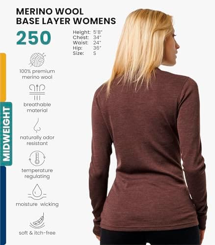 100% Merino Wool Base Layer Womens - Long Sleeve Thermal Shirts + Socks (Large, Chocolate 250) — view 2