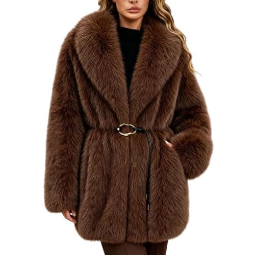 Brown Womens Faux Fur Coat Lapel Belted Warm Winter Jacket with Pockets XXL