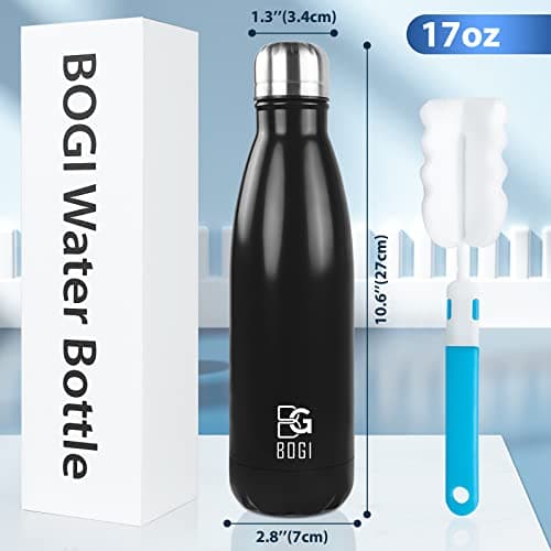 BOGI 2 Pack Insulated Water Bottle, 500ml Stainless Steel, Keeps Drink Hot & Cold, Leakproof, Sport Water Bottle for Girls Boys, Black+dblue — view 2