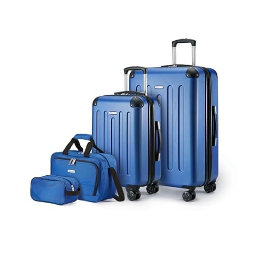 Amazon Basics Hardside Spinner Luggage Set, 4-Piece, Large Suitcase, Carry-On Suitcase, Tote Bag, Compact Travel Bag, Expandable, 4 Spinner Wheels, Navy Blue