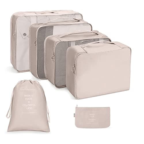 OSDUE Packing Cubes for Suitcases, 6 PCS Travel Luggage Packing Organizers Waterproof Travel Essentials Bag Accessories, Clothes Cosmetics Toiletries Storage Bags, Beige