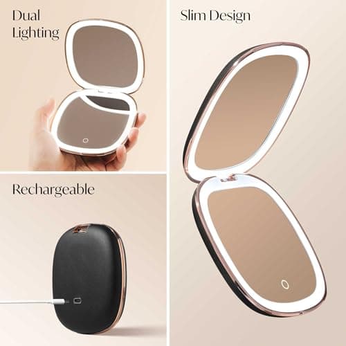 Fancii Mila 2 Compact Magnifying Makeup Mirror with LED Light, Rechargeable, 10x /1x Magnification, Tru-Glow Lighting System, Vegan Leather, Small Travel Mirror for Purses (Midnight Majesty) — view 6