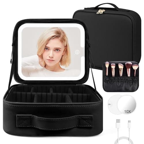 OSDUE Makeup Bag with LED Mirror, Cosmetic Organizer Case with Adjustable Compartments, Waterproof Travel Makeup Bag, Oxford Fabric,Gift for Women