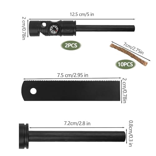 2 Pcs Flint Fire Starter Kit, Survival Fire Steel Premium Ferro Rod with 10 Pcs Fire Starter Hemp Rope, Including Whistle, Compass, Scraper with Scale for Camping Hiking Outdoor (Black) — view 2