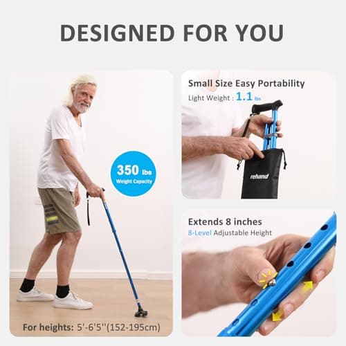 Rehand Walking Stick for Men & Women - Foldable, Adjustable, Lightweight, Self Standing Pivot Walking Stick, Soft Handle Grip, with Travel Bag, Walking Sticks for Seniors & Adults (Purple) — view 5