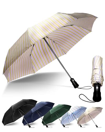 Chakipee Compact Travel Umbrella Windproof Strong- Automatic Folding Umbrellas for Wind and Rain, Portable 210T Fabric 97cm Span - 8 Ribs Stripe Pattern for Men and Women