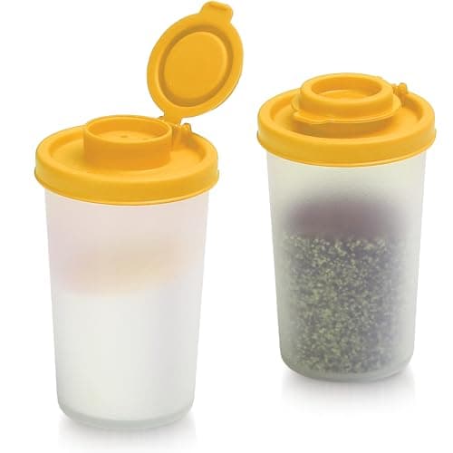 SIGNORAWARE Salt and Pepper Shakers Moisture Proof Set of 2 Large Salt Shaker to go Camping Picnic Outdoors Kitchen Lunch Boxes Travel Spice Set Clear with Yellow Lids Plastic Airtight Dispenser