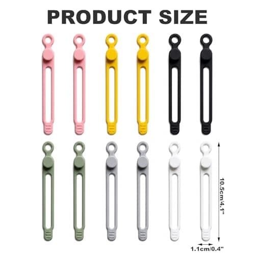 12 Pcs Reusable Silicone Cable Ties, Elastic Adjustable Buckle Design Cable Tidy Straps, Solid Color Portable Wire Organiser for Phone Charger Earphone Data Cables Home Office Travel — view 2